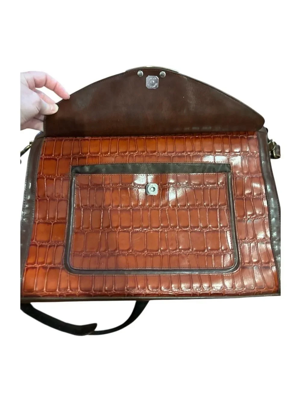 90s MARC CHANTEL BROWN CROC EMBOSSED LEATHER BRIFCASE BAG & SILVER TONE DETAILS
